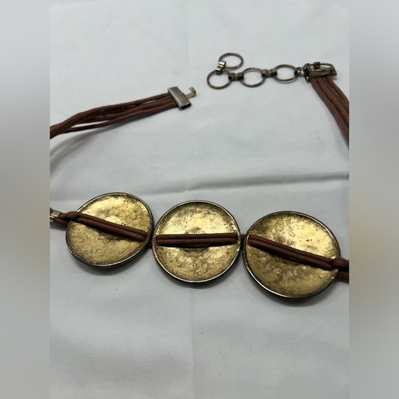 Vtg Medallion Belt Gold Metal Textured Circles tan brown Accents Black Cordi… - Picture 4 of 4